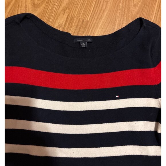 Tommy Hilfiger XL Women Striped Long Sleeve Cotton Top Navy Red White Nautical - Picture 2 of 7